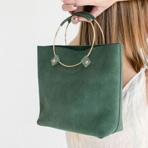 TRIBE ALIVE Luxe Brass Handle Handbag - Sage Green Suede with Gold Ring Handles